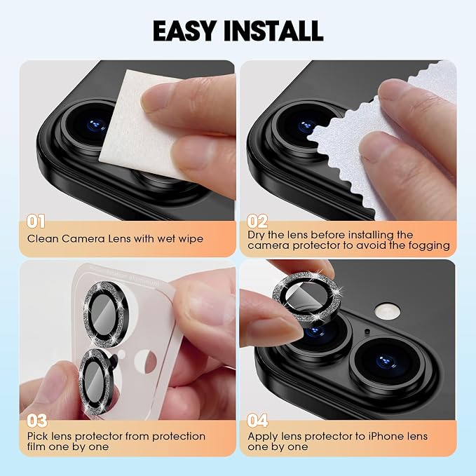 for iPhone 16/16 Plus Camera Lens Protector Bling Individual Metal Glitter Ring - Image 7