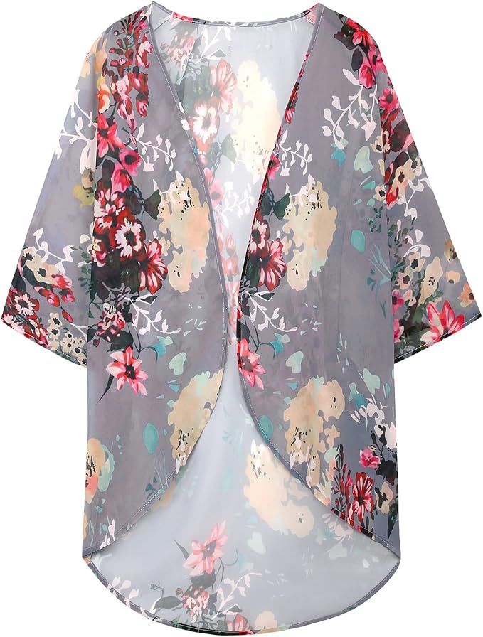 Women's Floral Print Puff Sleeve Kimono Cardigan Loose Cover Up Casual Blouse - Image 7