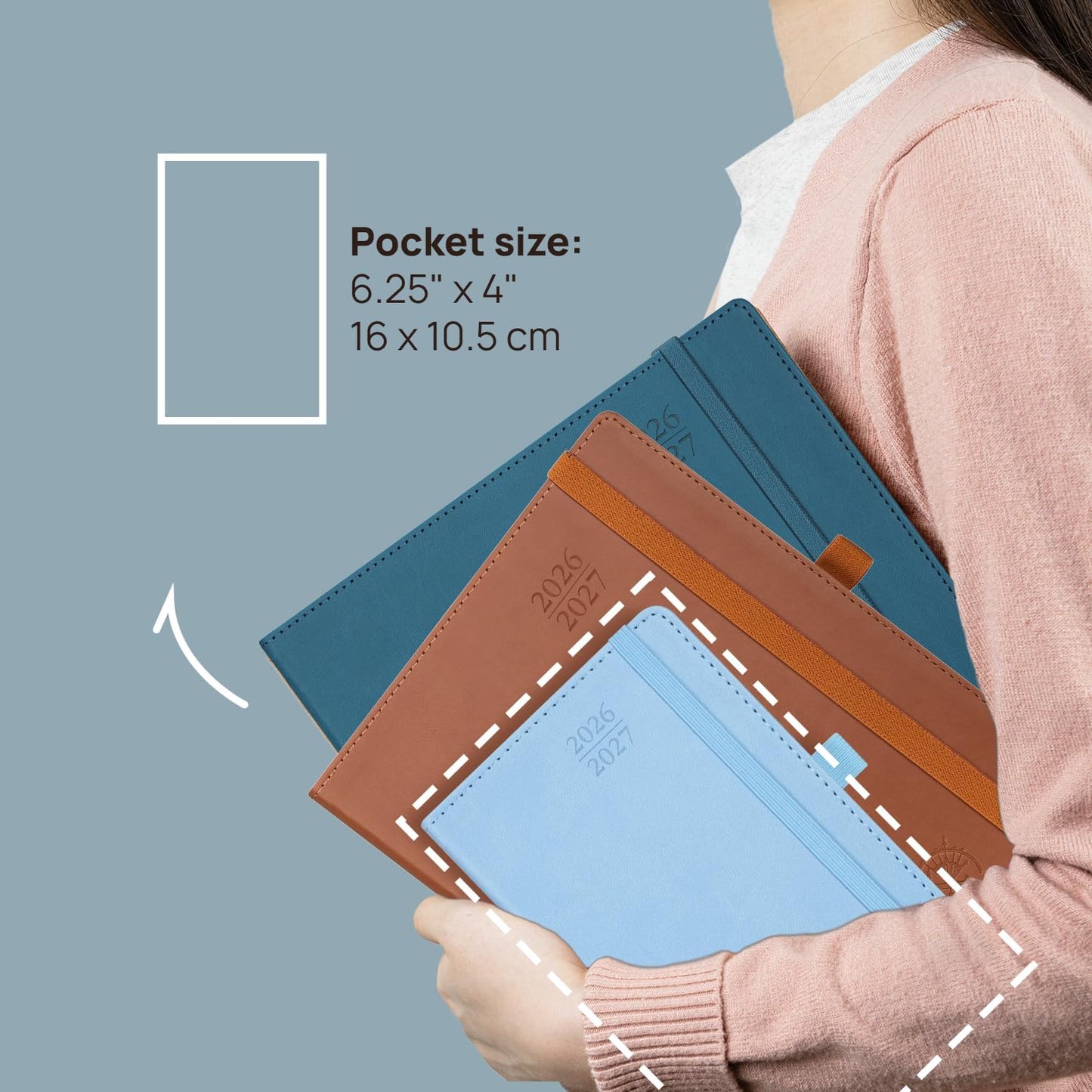 POPRUN Pocket Monthly Planner 2026-2027 (Pocket- 4''x 6.25'' Soft Leather Cover) - 18 Month Calendar Book for Purse (Jan.2026 - Jun. 2027), 100 GSM Thick Paper - Blue