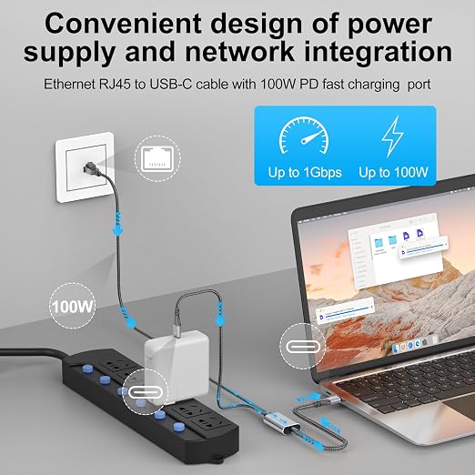 USB C to Ethernet Cable with Charging 6.6 Feet, USB-C Male 100W PD & Gigabit - Image 3