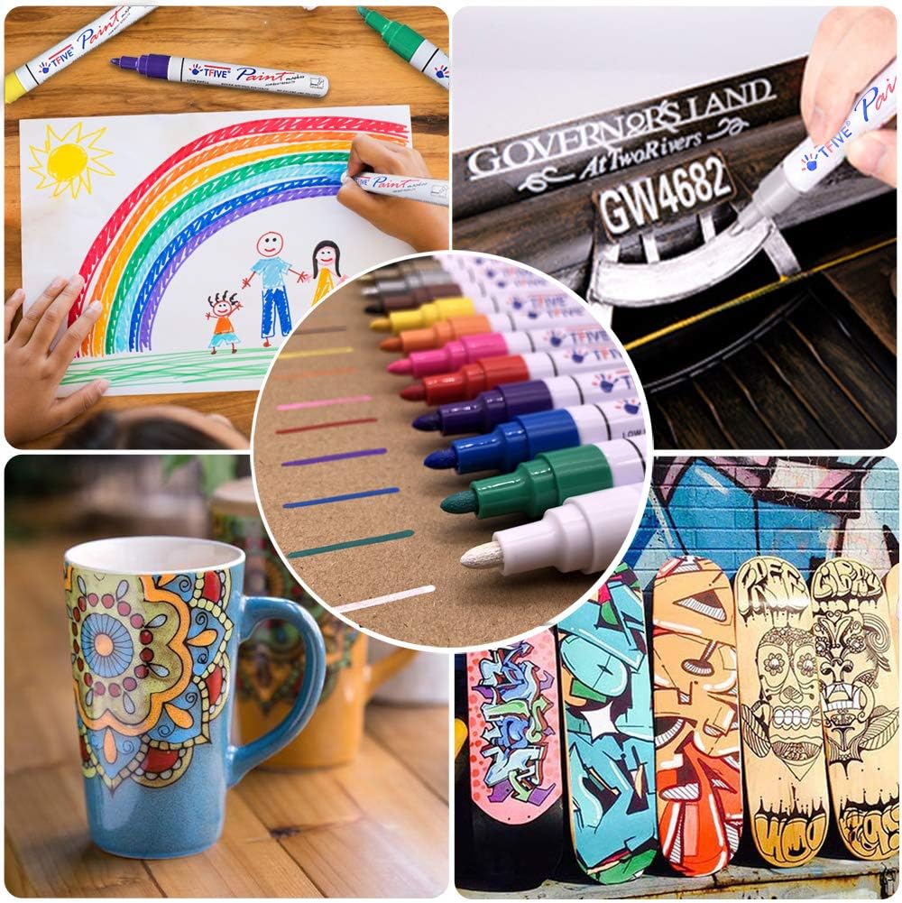 TFIVE Paint Markers Pens Set, 8 Color Oil-Based Permanent Paint Marker, Medium Tip, Quick Dry and Waterproof Pen for Rock Painting, Ceramic, Wood, Fabric, Plastic, Canvas, Glass, Mugs