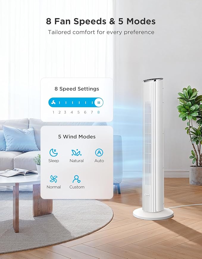 GoveeLife White Tower Fan for Bedroom, Temperature Sensor, 5 Modes 8 Speeds - Image 5