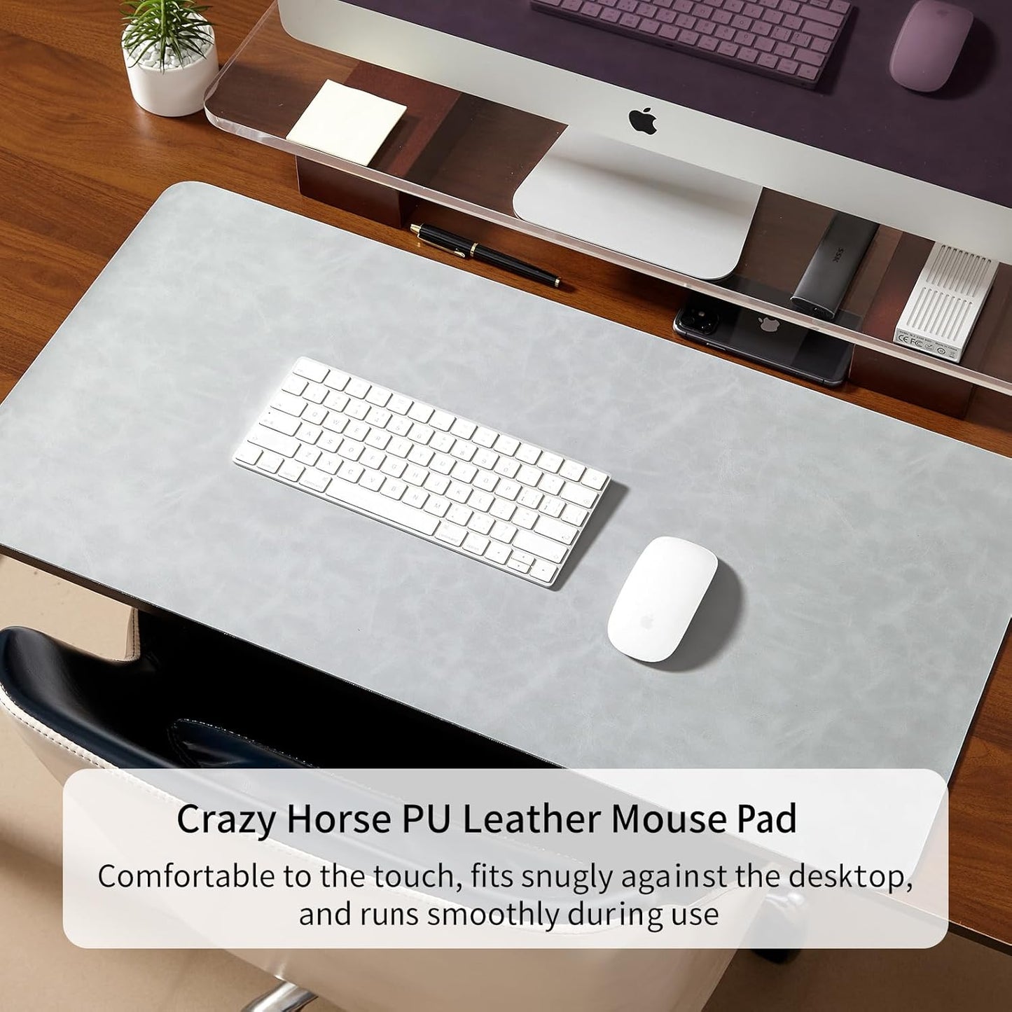 Crazy Horse Leather Desk Mat Large Mouse Pad Laptop Desk Pad Waterproof Non-Slip Table Blotter Desktop Writing Pad for Office and Home (Light Grey, 60x35cm)
