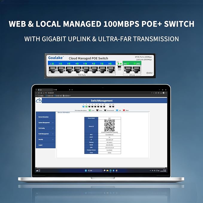 Goalake PoE Switch, 10 Ports Managed PoE Ethernet Switch, 120W Built in Power - Image 2