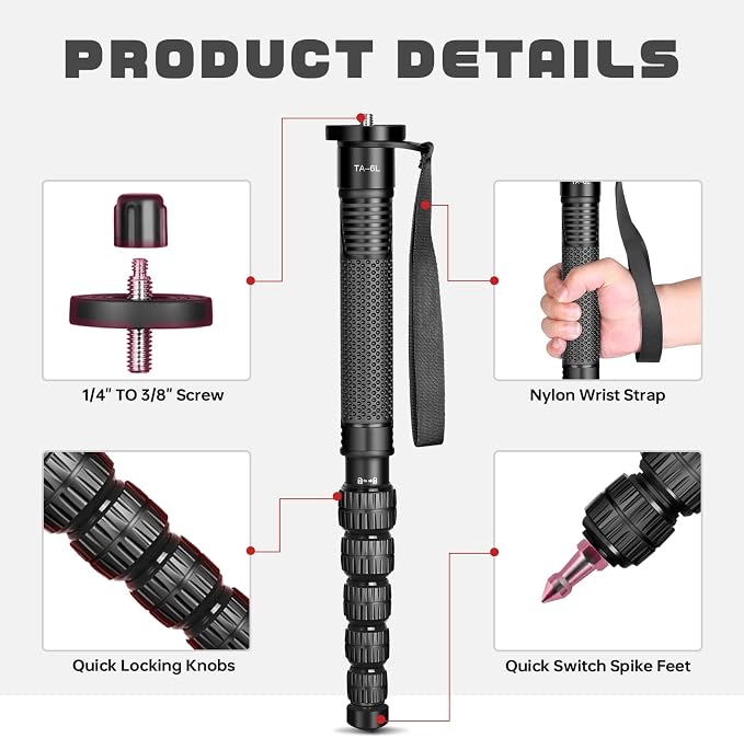 TONYBOO 68.5” Aluminum Camera Monopod, Lightweight & Portable, 5-Section Travel - Image 3