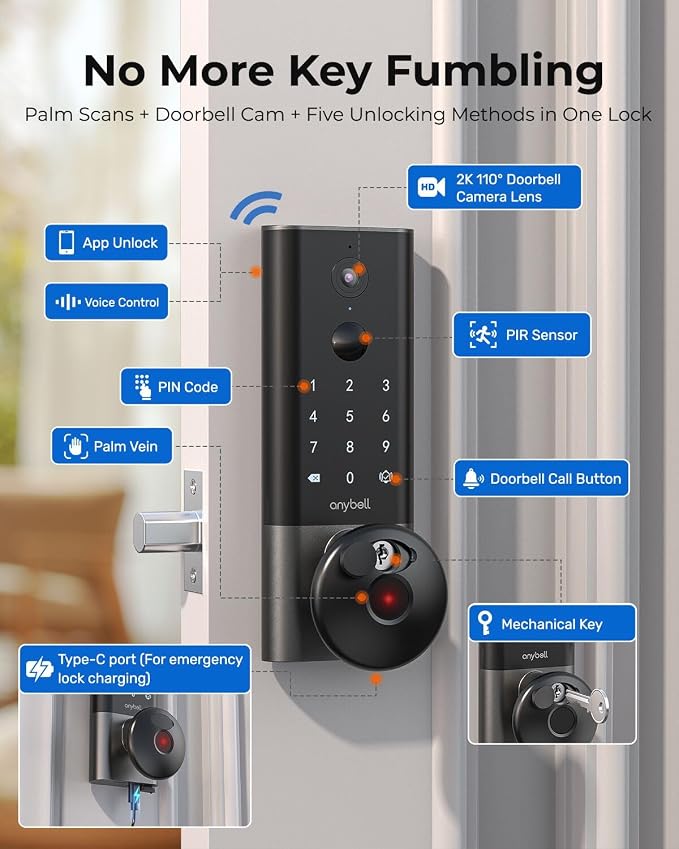 Palm Vein Smart Lock with 2K Security Camera & Video Doorbell, Anybell Keyless - Image 2