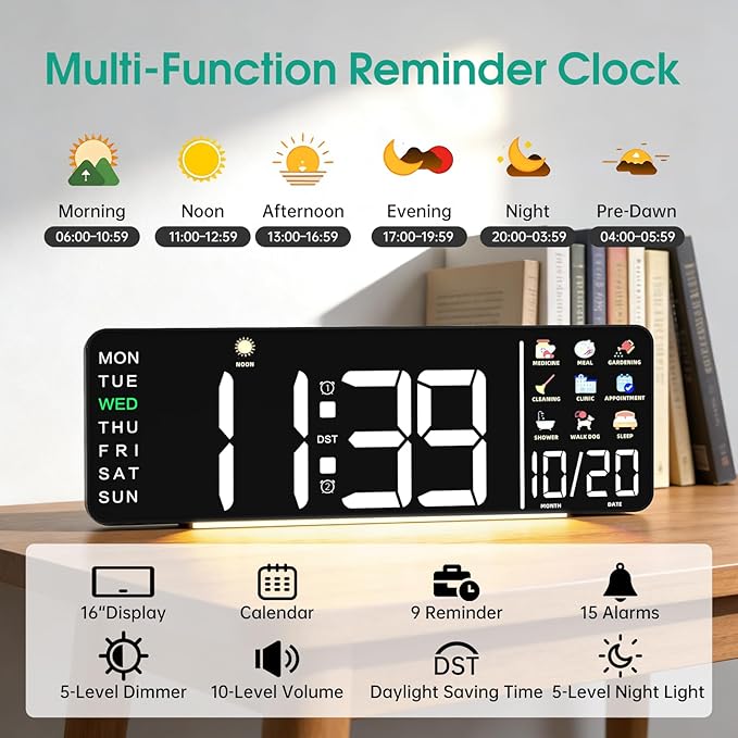 Hoifen Clock with Day and Date for Seniors, Remote Control, Night Light - Image 4