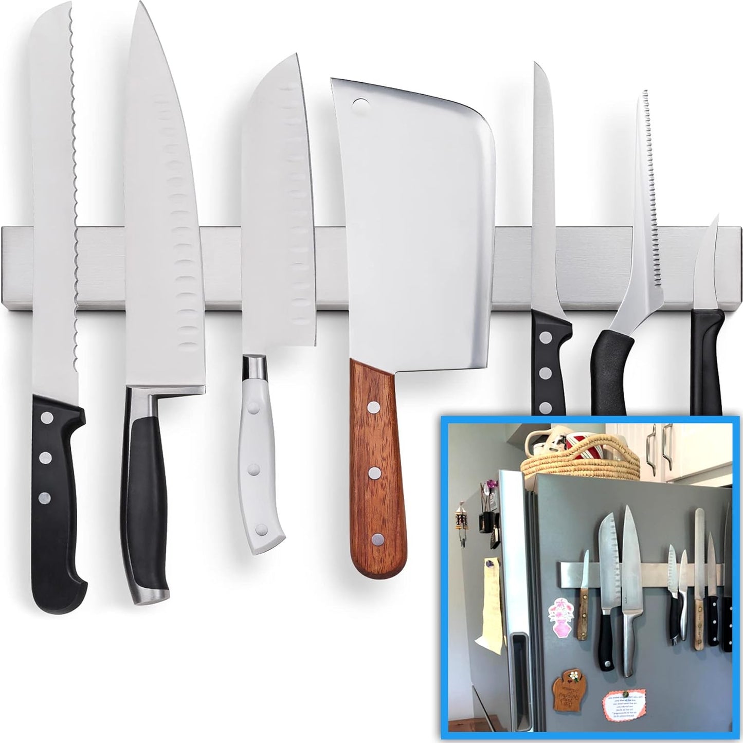 Premium Magnetic Knife Holder for Refrigerator that Doesn't Slide – 17 Inch Professional Double Sided Knife Strip for Fridge - Knife Rack/Bar With Powerful Magnetic Pull Force (Upgraded Version)