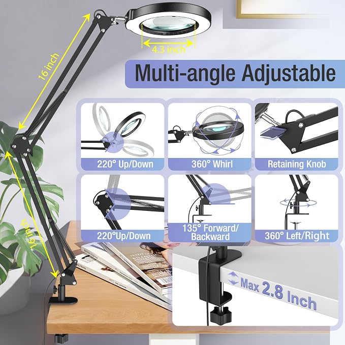 10X Magnifying Glass with Light and Clamp, Real Glass Stand Lighted Magnifier - Image 3