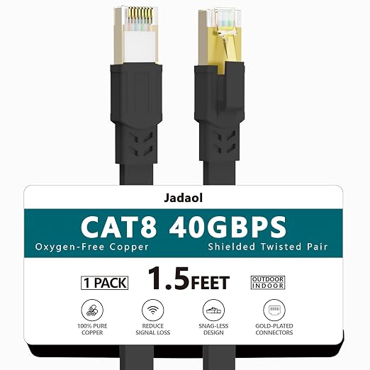 Jadaol Cat 8 Ethernet Cable 1.5ft, 40Gbps 2000MHz Flat RJ45 S/FTP LAN Patch by Jadaol