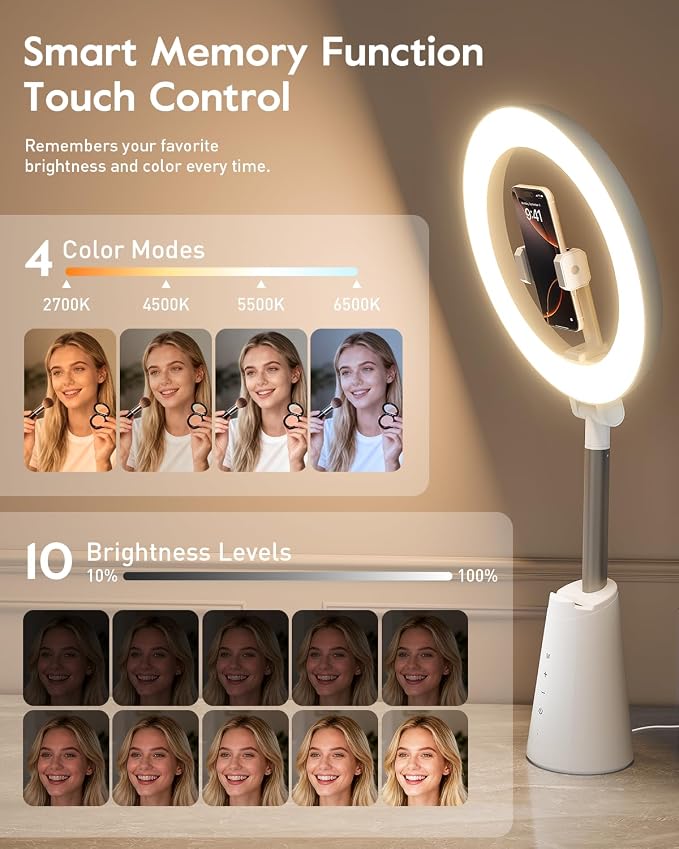 Ring Light for Makeup and Video Recording, Touch Control, Dimmable LED Selfie - Image 4