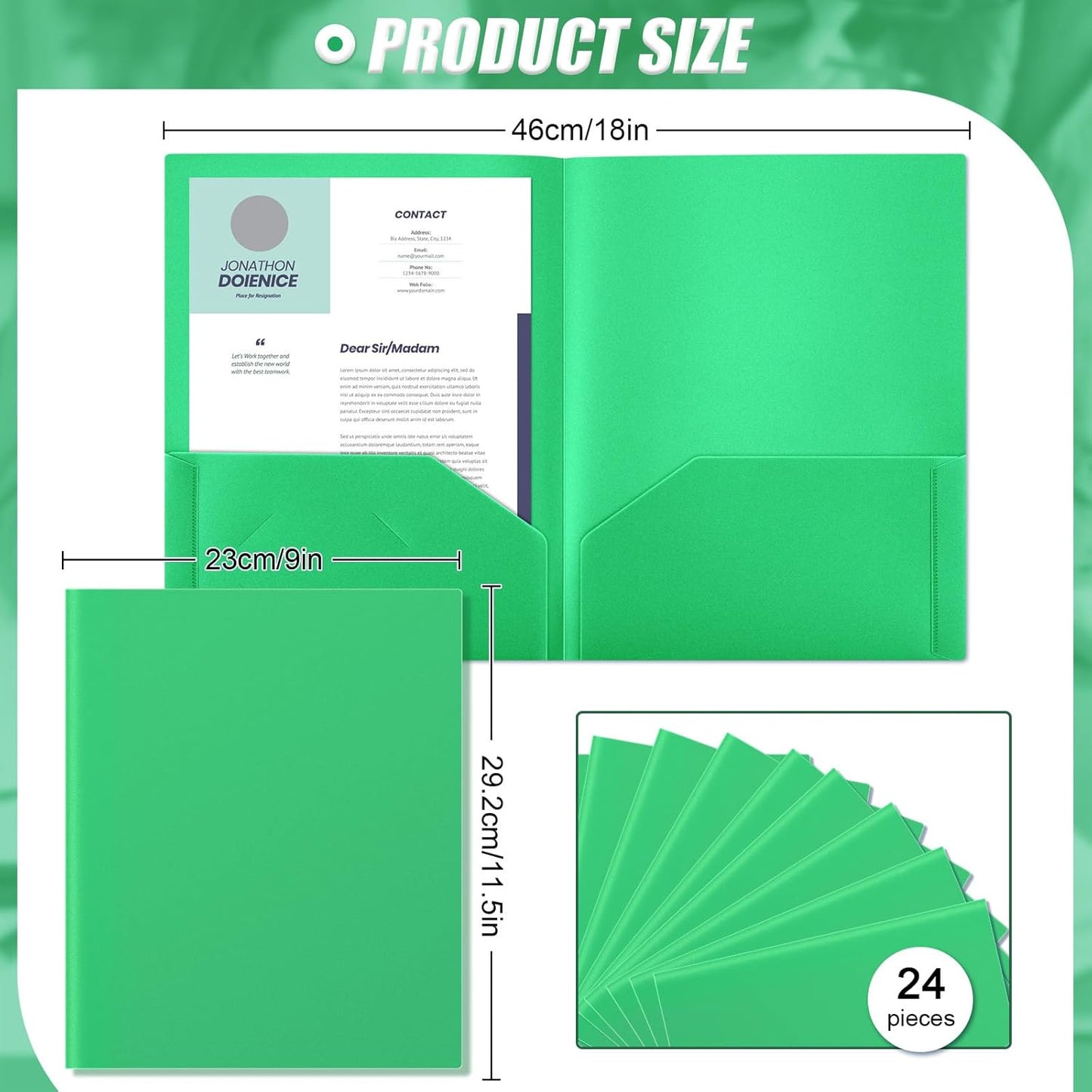 Gueevin 24 Pcs Plastic Folders with Pockets, Back to School Two Pocket Folder Fit Letter Size, Heavy Duty School Business Card Holder for Home Office, 11. 61 x 9. 45 Inches (Green)