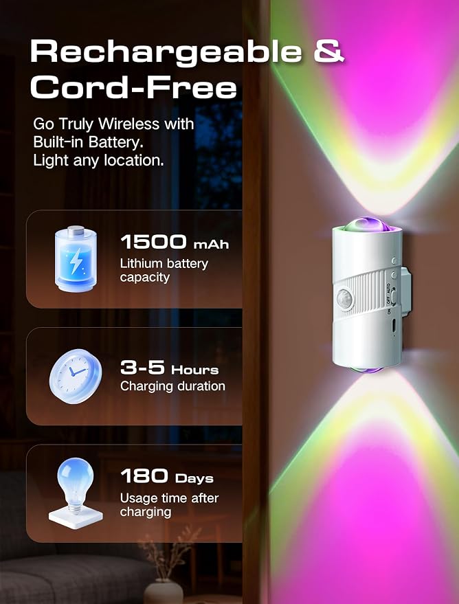 Rechargeable RGB Motion Sensor Night Light, Color Changing LED Wall Lamp - Image 3