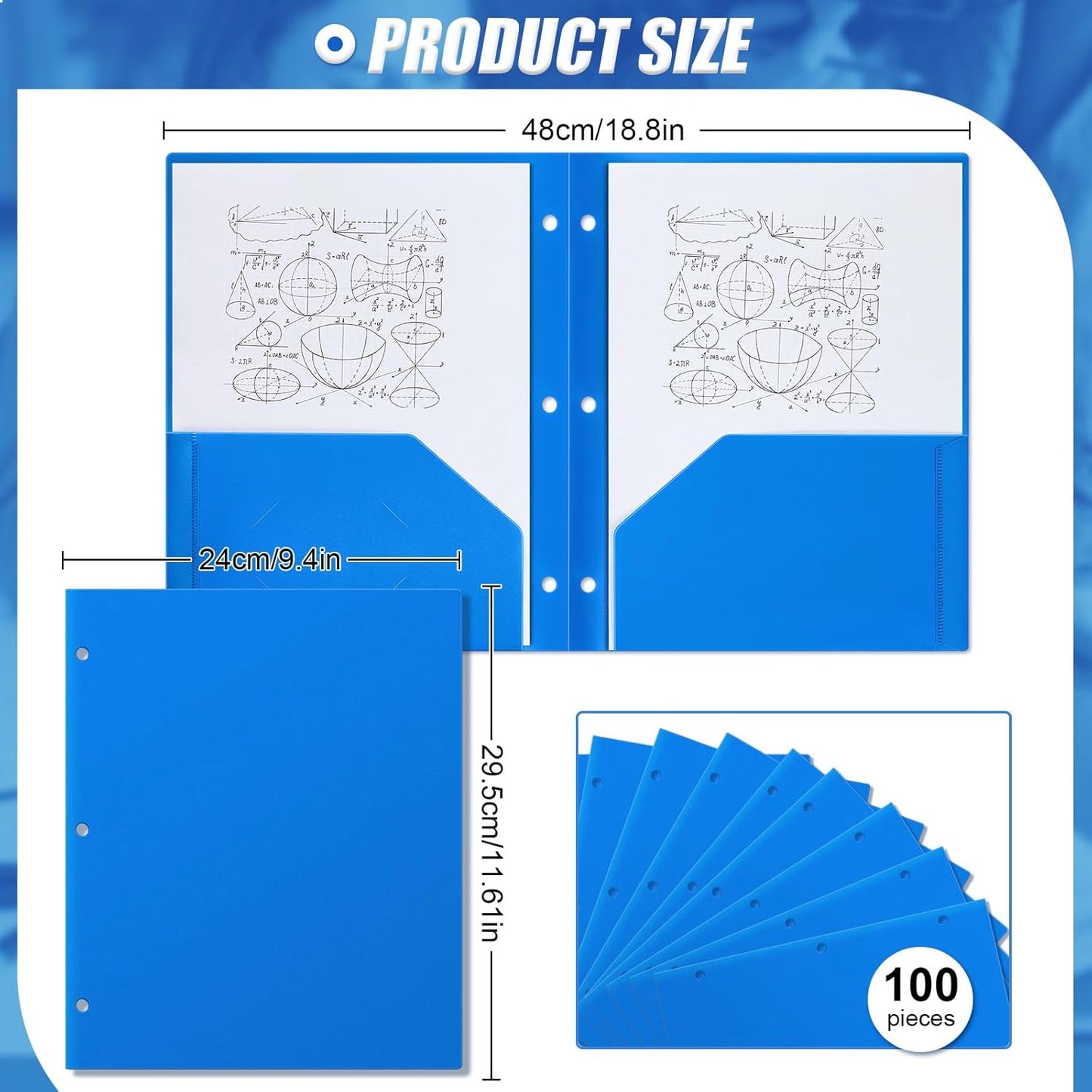 Yeaqee 100 Pcs Plastic Folders with Pockets Bulk 3 Hole Punched 2 Pocket File Folders for 3 Ring Binder Divider Folder for Notebooks, Durable Poly for Office Home (Blue)