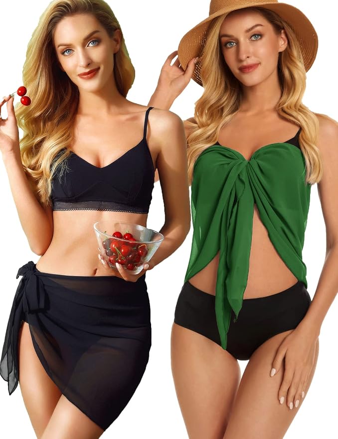 CHICGAL 2 Pieces Women Beach Sarong Bathing Suit Wrap Skirt Sheer Bikini - Image 3