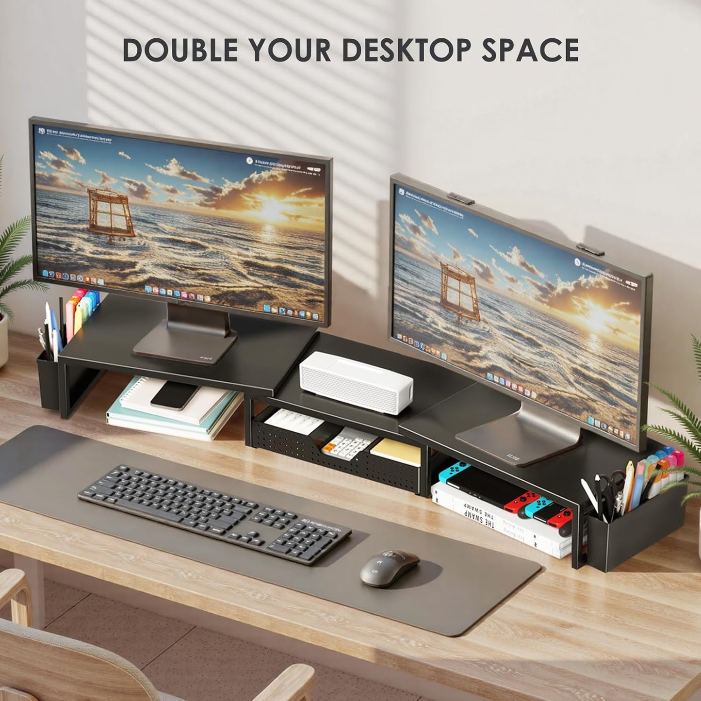 Desk Organizers and Accessories, Dual Monitor Stand Riser with Drawer and 2 Pen Holders, Desk Shelf Metal Computer Monitor Stand for Office Workspace Organizers, Desktop Organization (Black)