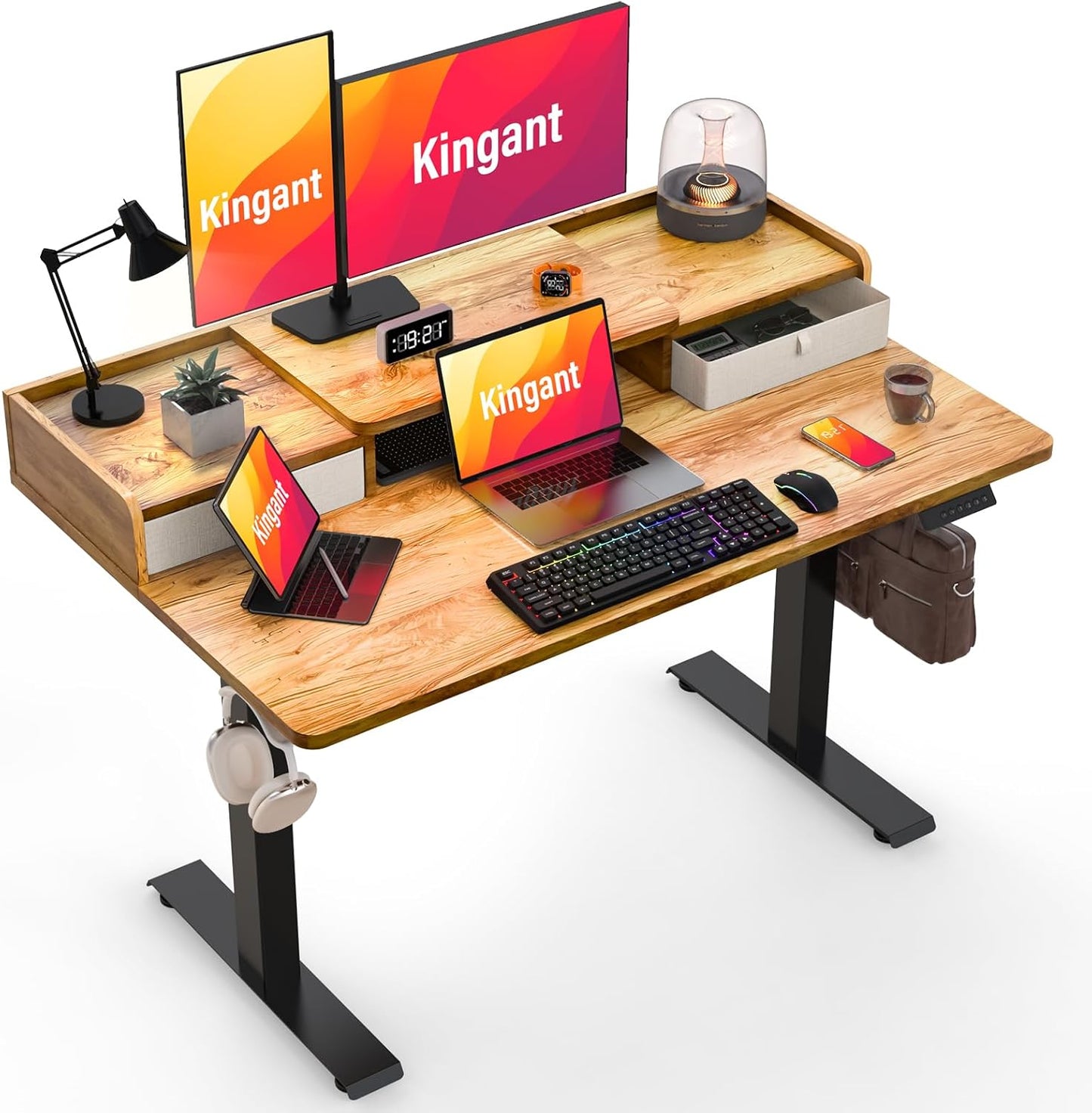 Standing Desk with Drawers,Thickened Table Legs Sit Stand Desk Electric for Home Office & Gaming,Ergonomic Stand Up Desk Cable Management Tray(Classic Black) (Light Rustic Brown, 48″ x 30″)