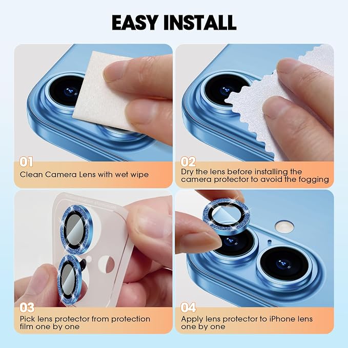 for iPhone 16/16 Plus Camera Lens Protector Bling Individual Metal Glitter Ring - Image 7