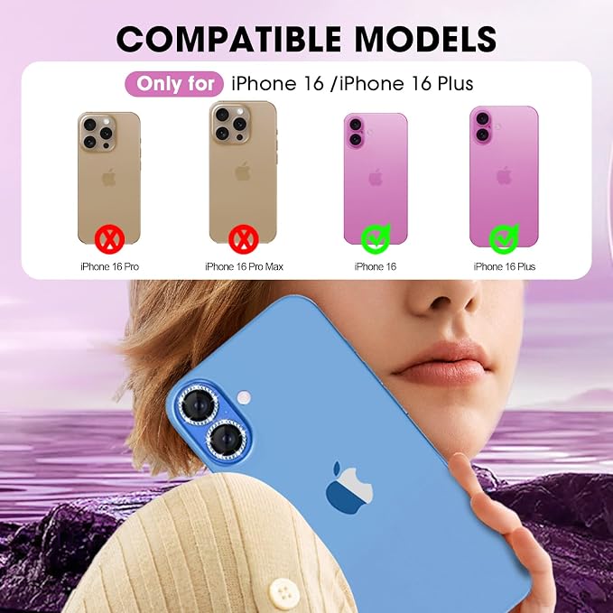 for iPhone 16/16 Plus Camera Lens Protector Bling Individual Metal Diamond Ring - Image 2