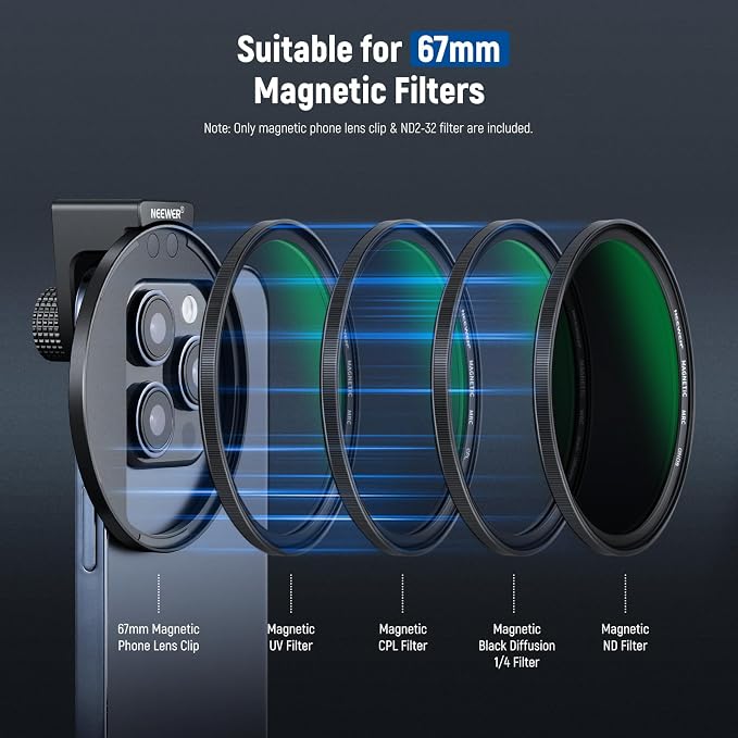 NEEWER 67mm Clip On Variable ND2-ND32 Phone Lens Filter Kit, Phone Clip - Image 7