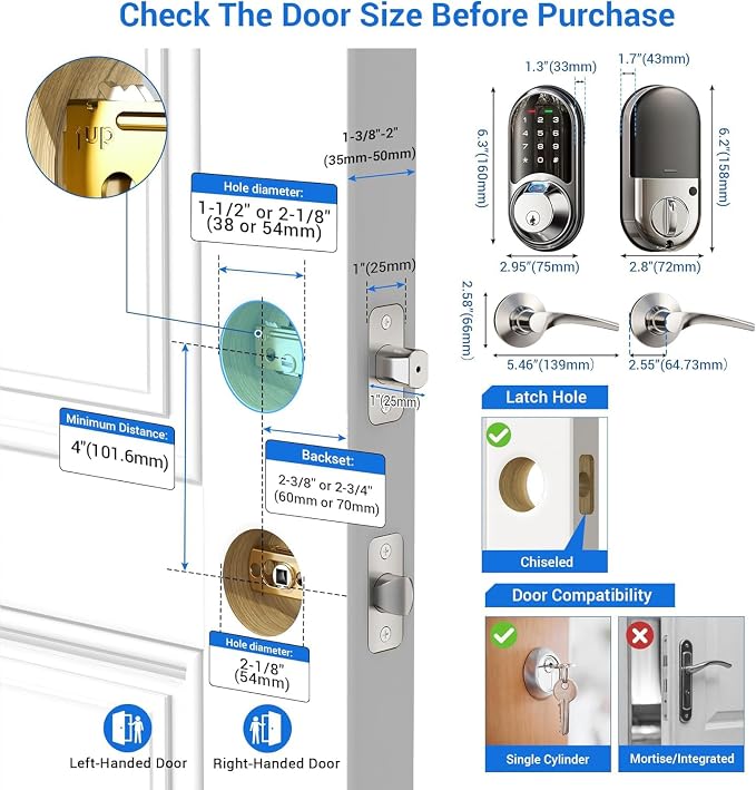 Veise RZ07B Smart Locks for Front Door, 2 Lever Handles, Fingerprint Keyless - Image 6