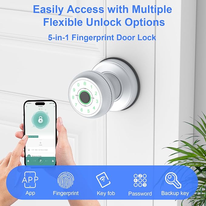 BIWIBON 5-in-1 Smart Door Knob, Fingerprint Door Knob - Image 2