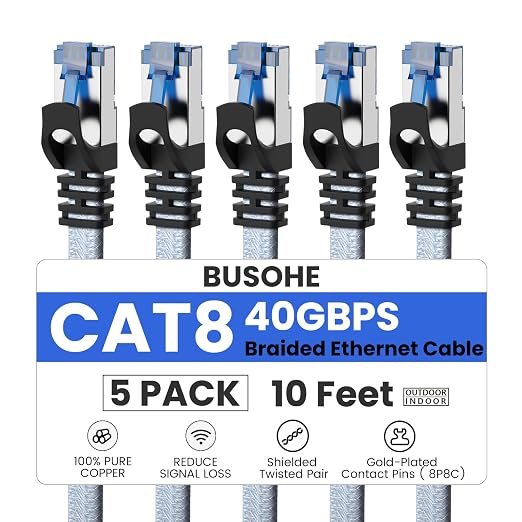 BUSOHE Cat 8 Ethernet Cable 10 FT 5 Pack, Nylon Braided High Speed Heavy Duty by BUSOHE