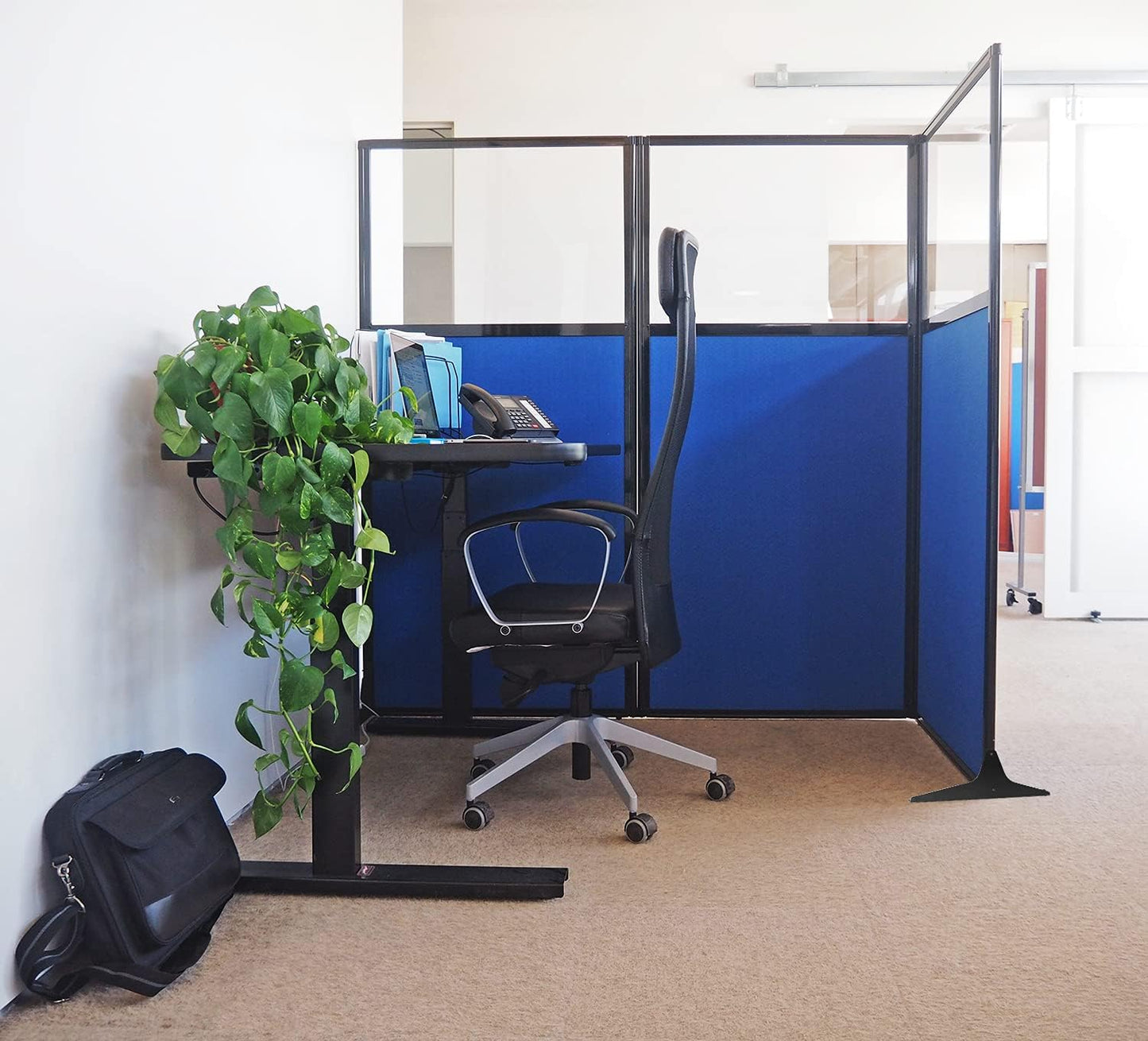 Versare Workstation Partition | Portable Wall Divider | Modern Office Cubicle | Free Standing Privacy Screen | Flexible Work Space | 66" x 70" W/Window, Royal Blue Fabric Panels