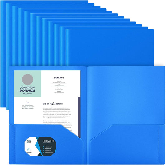 Gueevin 24 Pcs Plastic Folders with Pockets, Back to School Two Pocket Folder Fit Letter Size, Heavy Duty School Business Card Holder for Home Office, 11. 61 x 9. 45 Inches (Blue)