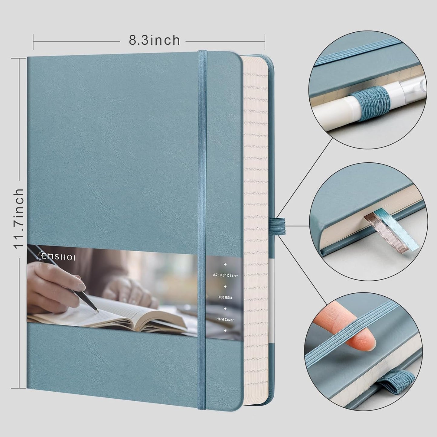 EMSHOI Graph Paper Notebook, 8.5" x 11" Hardcover Leather Journal for Women Men, 192 Pages 100 GSM Grid Paper A4 Large Journals for Writing, Graph Notebook for Work, Graphing, Engineering, GrayBlue