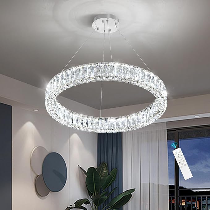 HAIXIANG Modern Crystal Chandelier Dimmable LED Ring Pendant Lights Adjustable - Image 9