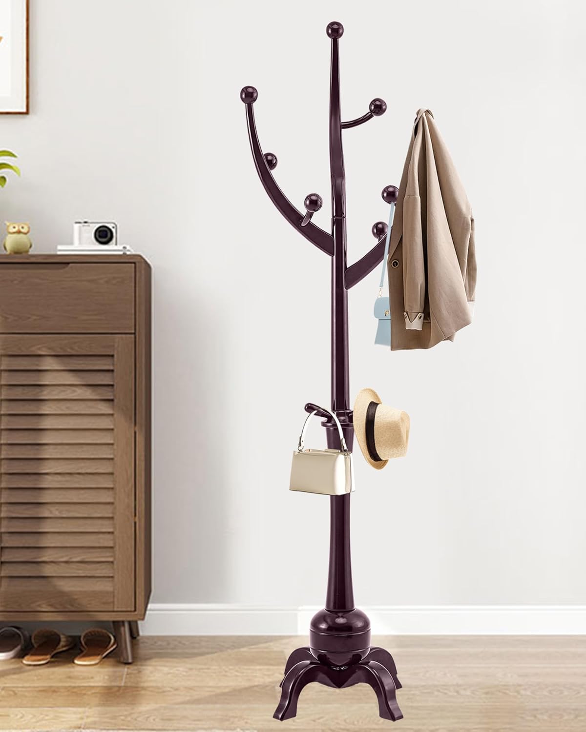 EZIVIEZ Wooden Coat Rack Stand, Solid Wood Freestanding Coat Rack with 11 Hooks, Creative Design Tree Branch-look Coat Racks, Heavy Duty Standing Coat Hanger Jacket Tree Stand for Office, Entryway