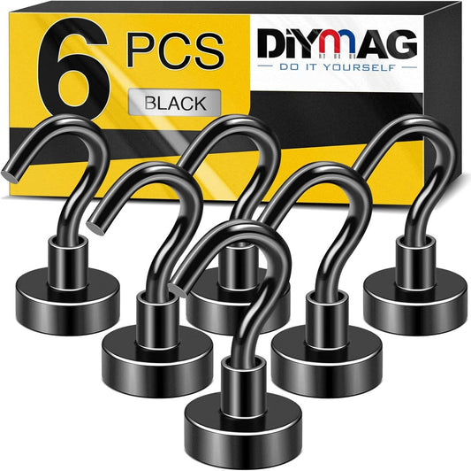 DIYMAG Magnetic Hooks, 30lbs+ Magnet Hook 2025 Cruise Cabin Ship Essentials Heavy Duty Strong Magnets Refrigerator Fridge Hanging for Classroom Beach Vacation Kitchen Grills Home 6 Pack (Black)