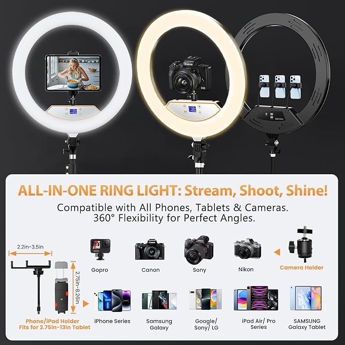 22'' Ring Light with 75'' Tripod Stand, LED Display/2 USB Ports/6500K Dimmable - Image 6