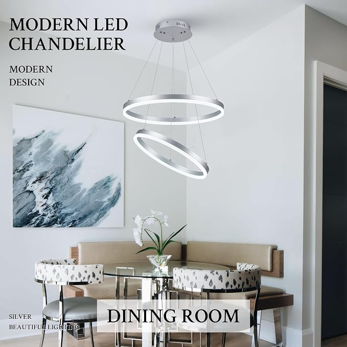 Modern LED Chandelier Silver 2-Rings Pendant Light Circular Flush Mount Ceiling - Image 5