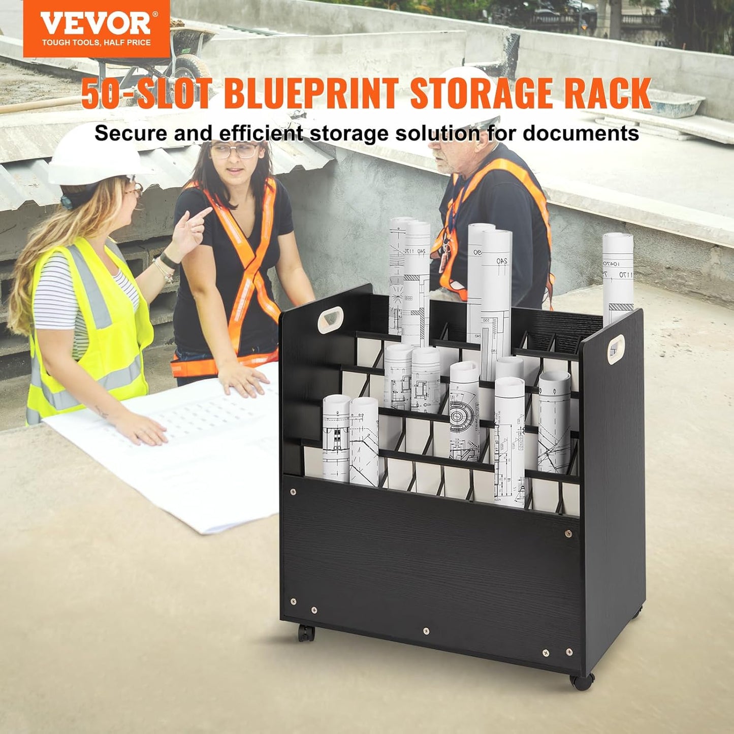 VEVOR Mobile Storage Cart, 50 Slot Wooden Roll File Organizer for Construction Plans, Maps, Posters, Architectural Blueprints - Home, Office, School