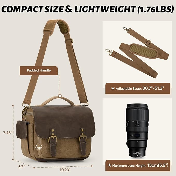 RAINSMORE Camera Bag, Vintage Canvas Camera Sling Bag Small Waterproof DSLR SLR - Image 6