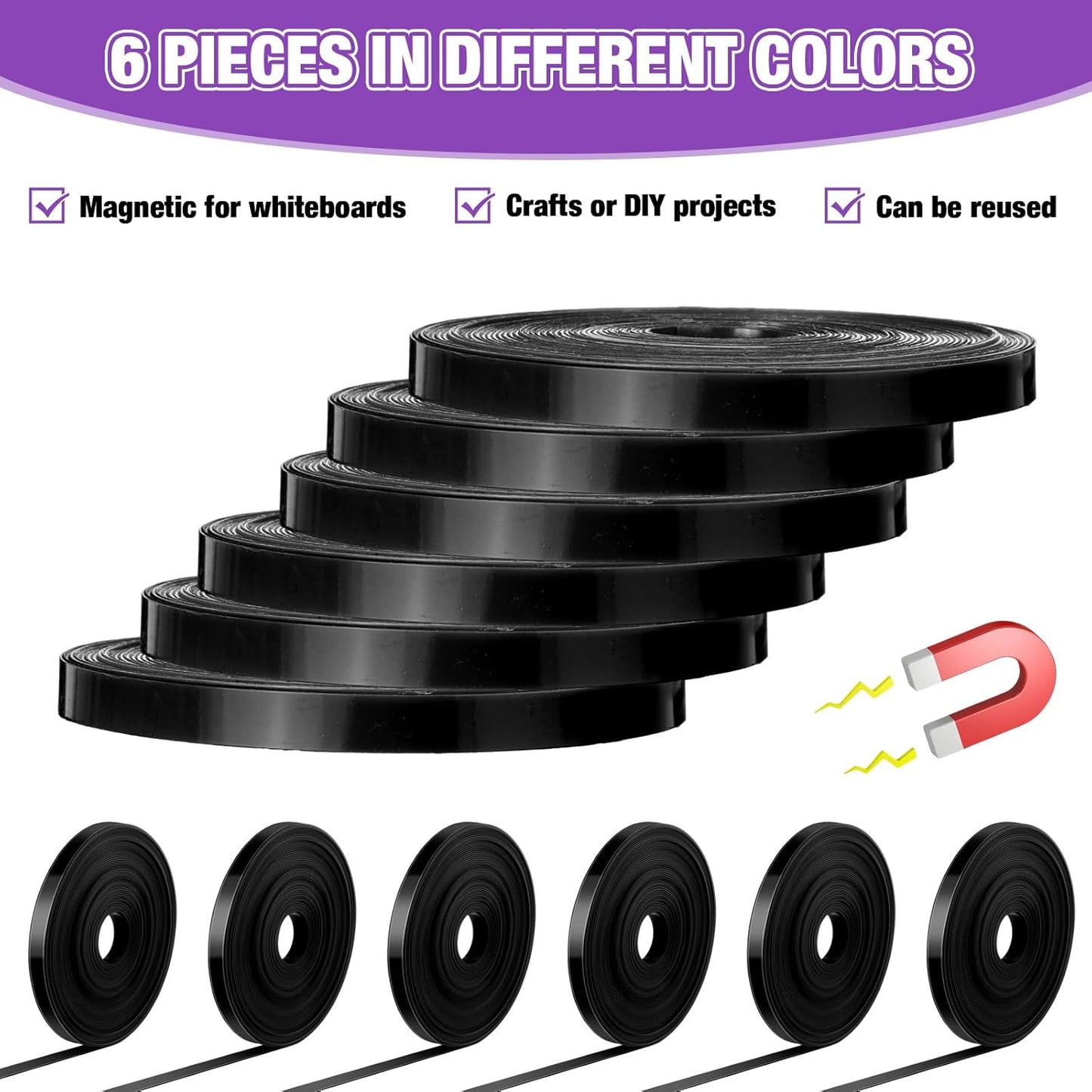 6 Rolls Magnetic Tape Roll Thin Strips, 33 ft Magnetic Whiteboard Graphic Decorative Tape Marking Line Magnet Board Dividers for Classroom Office Art Accessories(Black,0.24 Inch)