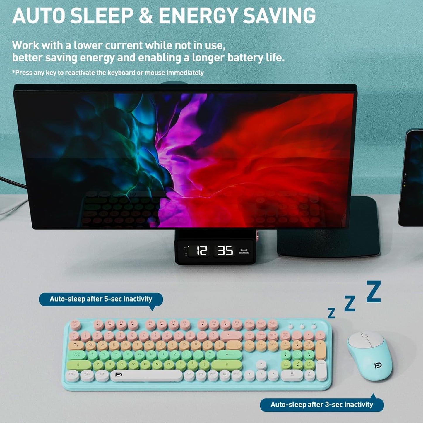 FD 2.4GHz Wireless Keyboard and Mouse Set with Switch Button - Full-Size Keyboard - Compatible for Windows/Laptop/PC/Notebook/Smart TV and More - Blue White Colorful