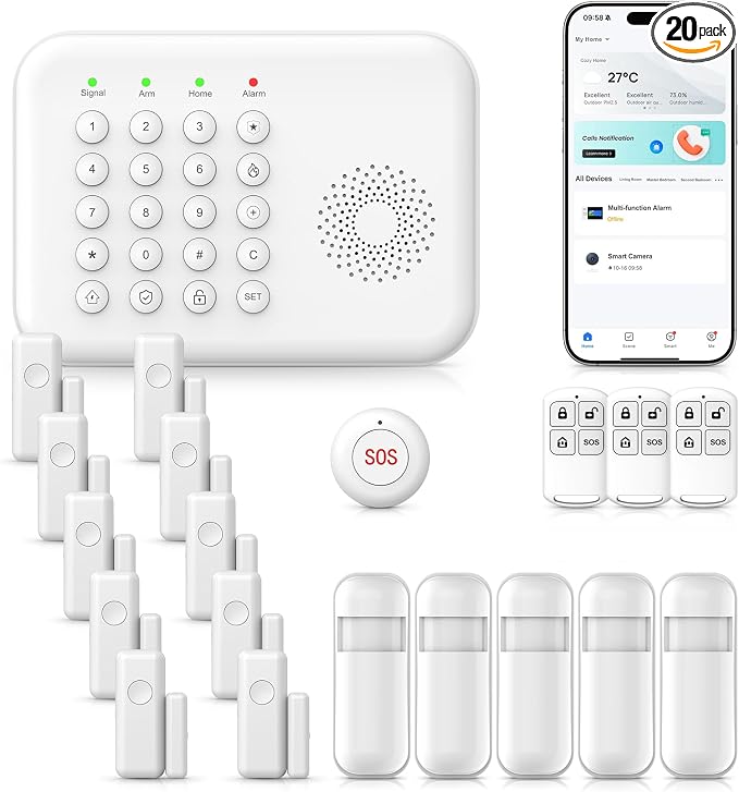 Alarm System for Home Security, 20-Piece WiFi+4G Home Alarm DIY Kit, SOS Button by PGST
