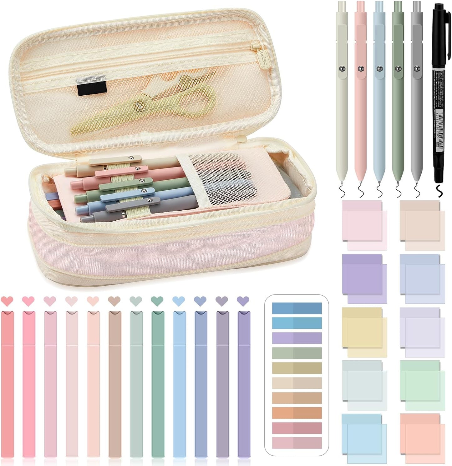 Jutom 39 Pcs Aesthetic Book Annotation Kit Highlighter with Pencil Case Bag Gel Pen Transparent Sticky Note Taking Bible Study College School Supplies(Pink,Cute Style)
