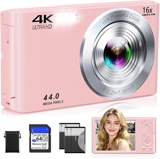 Digital Camera, Upgraded FHD 4K Pink Digital Camera by CEYE