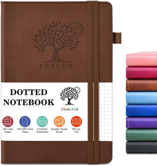 PERCUN Dotted Journal Notebook for Men & Women, 160 Pages Dot Grid notebook for Note Taking, Bullet Journaling Notebook for Work, School, Travel, Writing, A5 Hardcover 5.9" x 8.5"(Brown)
