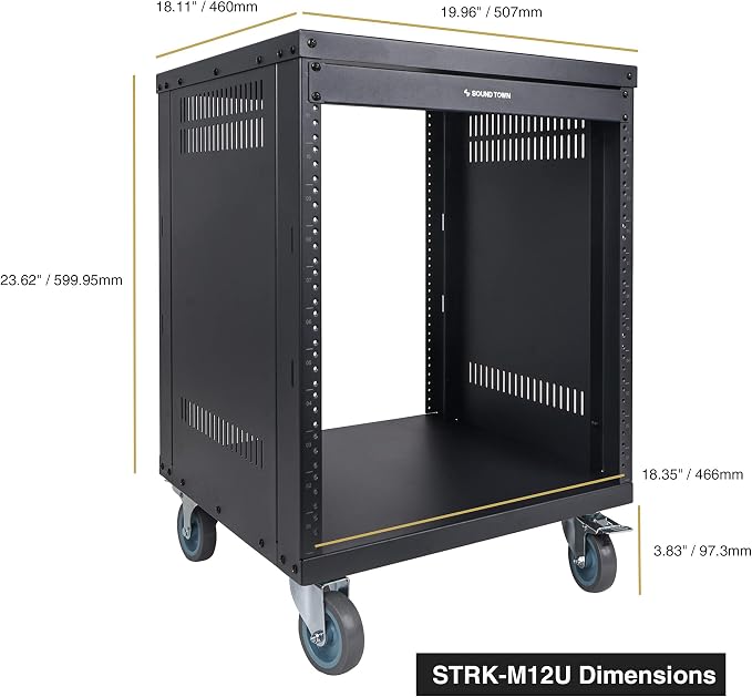 Sound Town 12U Universal Steel Rack, w/Mesh Doors, Locking Casters, Vented Side - Image 7