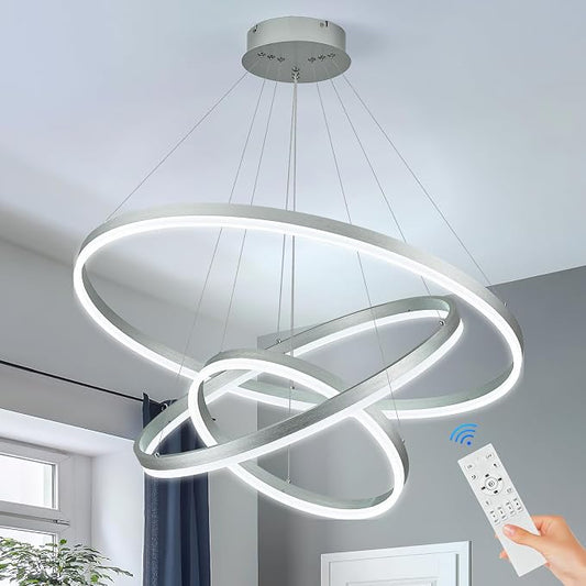 3-Rings Modern LED Chandelier Silver, Dimmable Pendant Lighting by Sparklelf