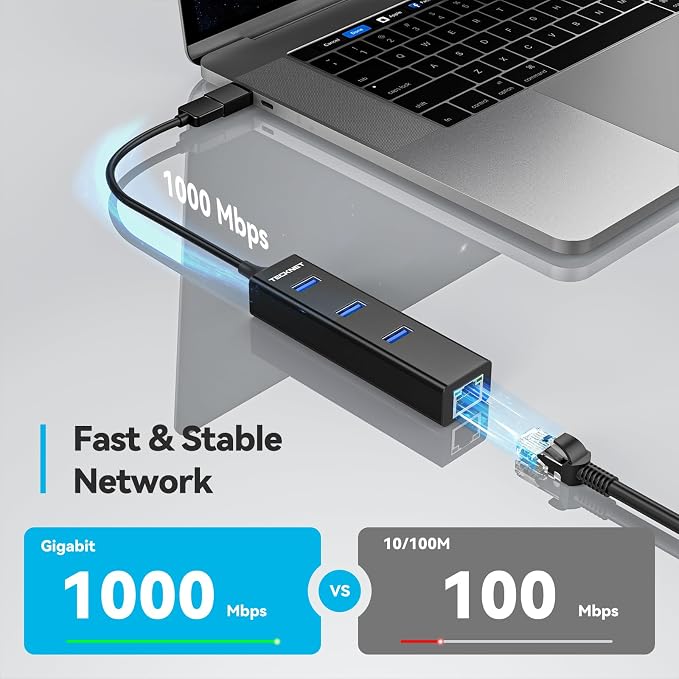 TECKNET USB C to Ethernet, Aluminum 3 Port USB 3.0 Hub - Image 2