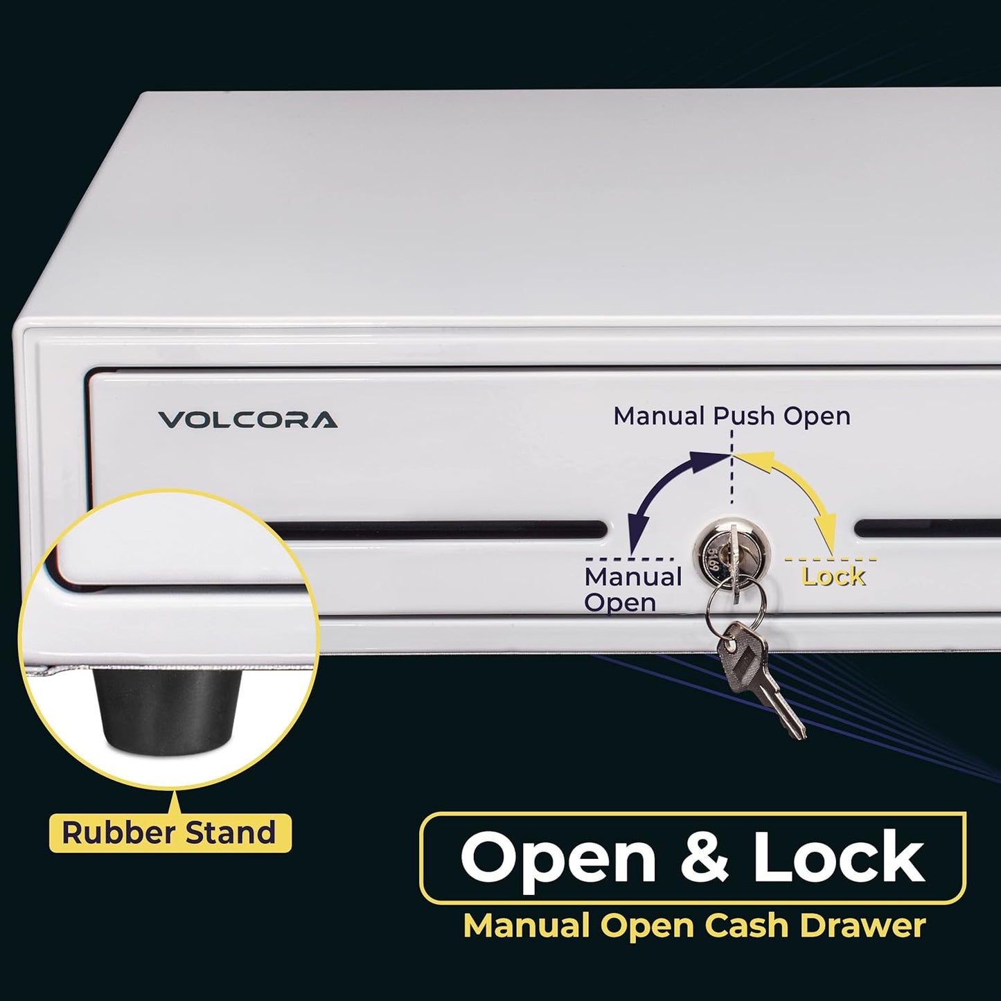 Volcora 16" Push Open Cash Register Drawer for Point of Sale (POS) System, Fully Removable White Heavy Duty Till with 5 Bills/8 Coin Slots, Key Lock and Double Media Slots