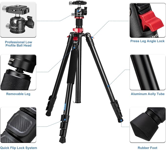 CAVIX 79" Camera Tripod, 2-in-1 Aluminum Alloy Tripod - Image 3