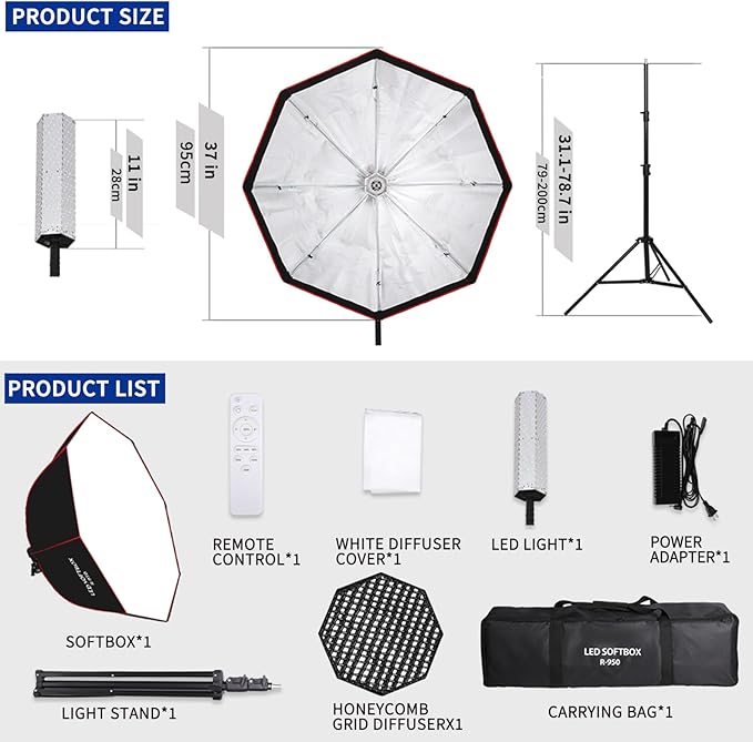 110W Softbox Lighting Kit, 37.4 "/95cm Large Octagonal Parabolic Soft Box - Image 2