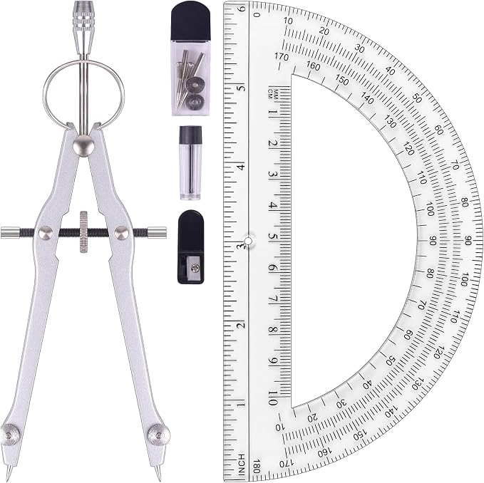 Unjoo Compass and Protractor Set, Professional Drawing Compass Tool, Metal by Unjoo